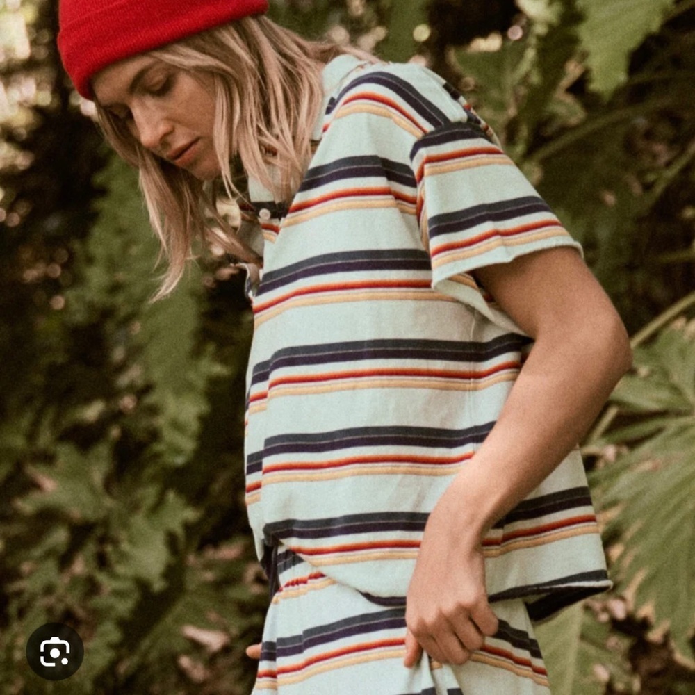 THE GREAT. Mint Striped Polo Tee with Navy, Red and Orange Stripes 1 - Picture 2 of 12
